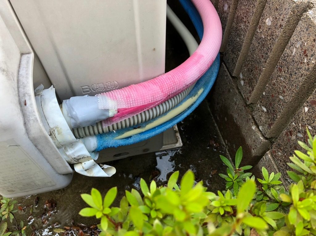 ピンクと青の配管から水漏れ